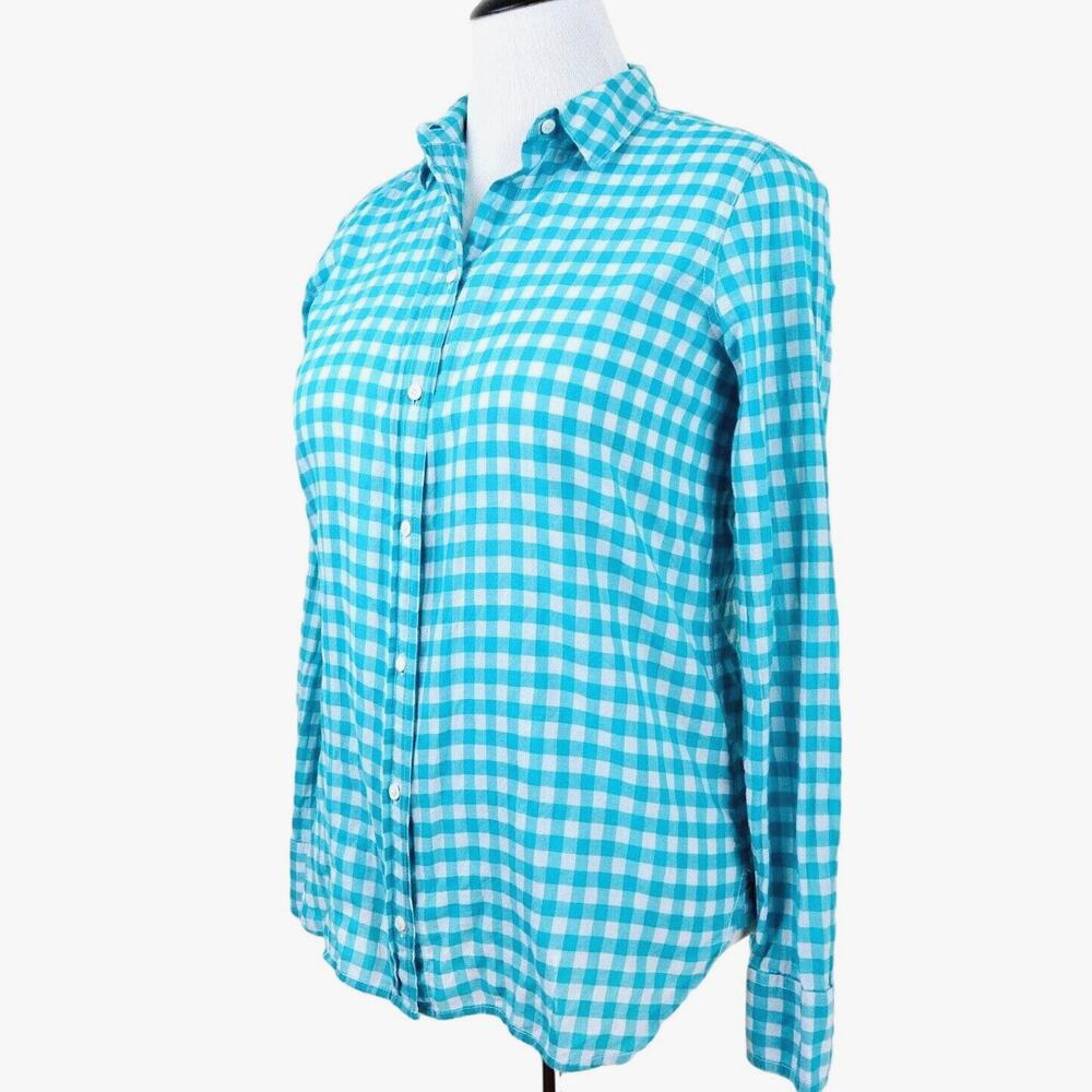 J Crew Size 6 Gingham Check Button Down Boy Shirt White Turquoise